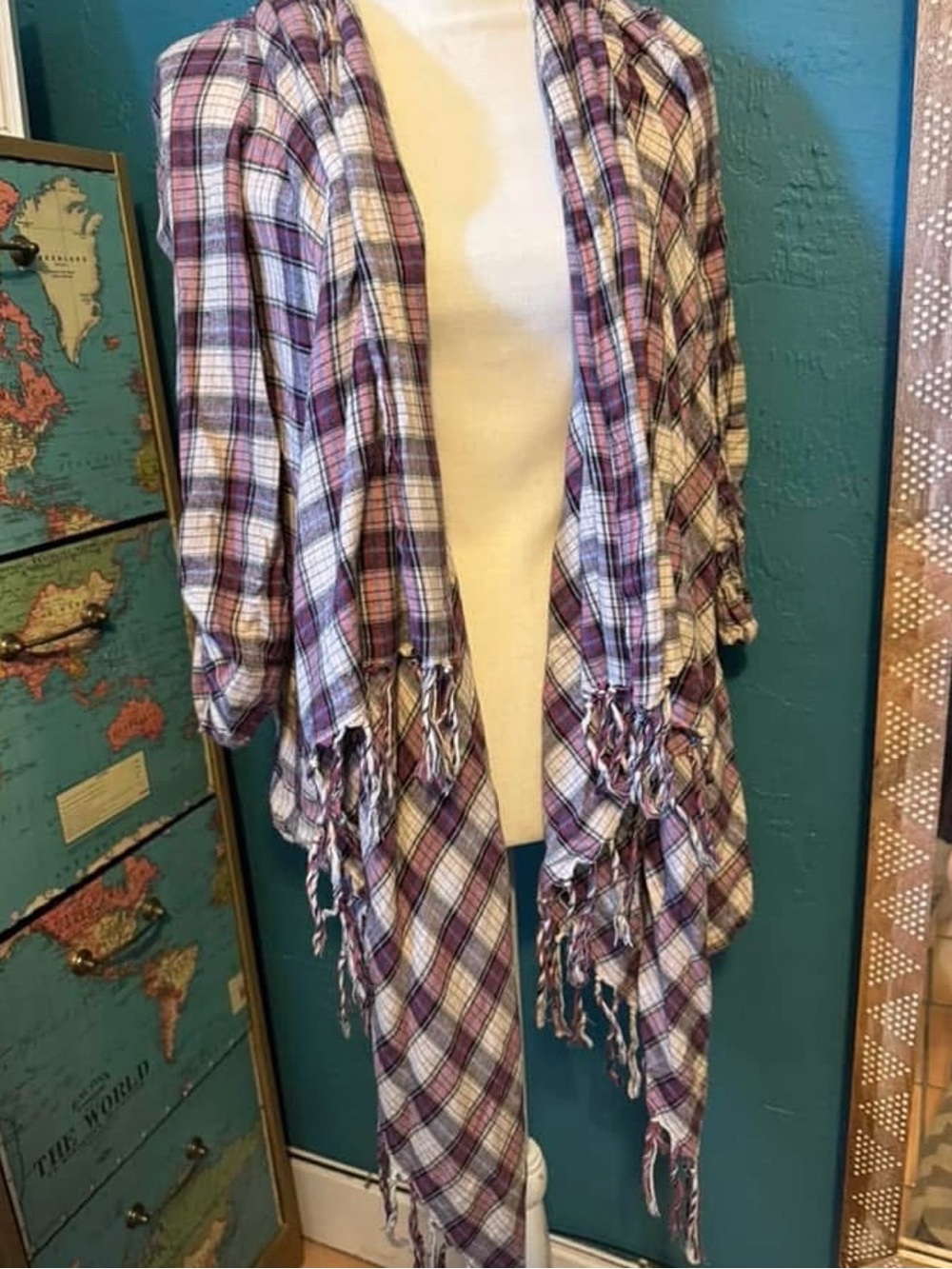 Billabong Purple Plaid Fringe Open Cardigan